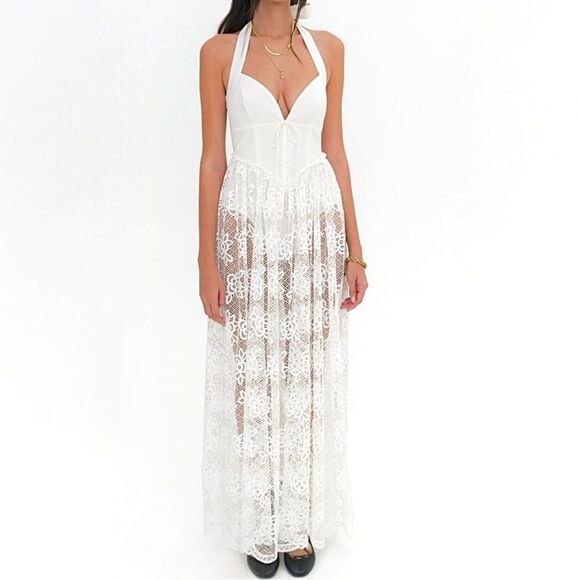 For Love and‎ Lemons Sonnet Lace Maxi Dress Medium White Halter - Picture 1 of 16